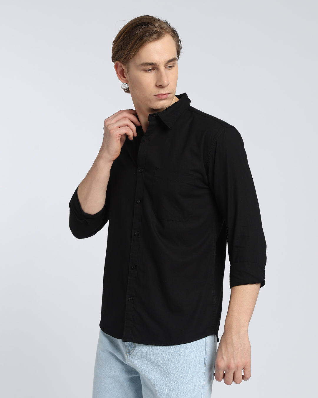 Black Plain Slub Cotton Shirt