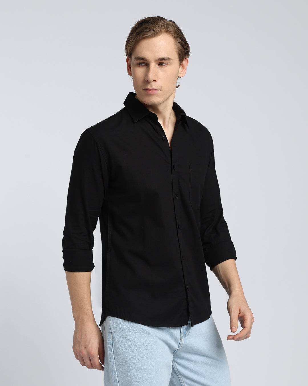 Black Plain Slub Cotton Shirt