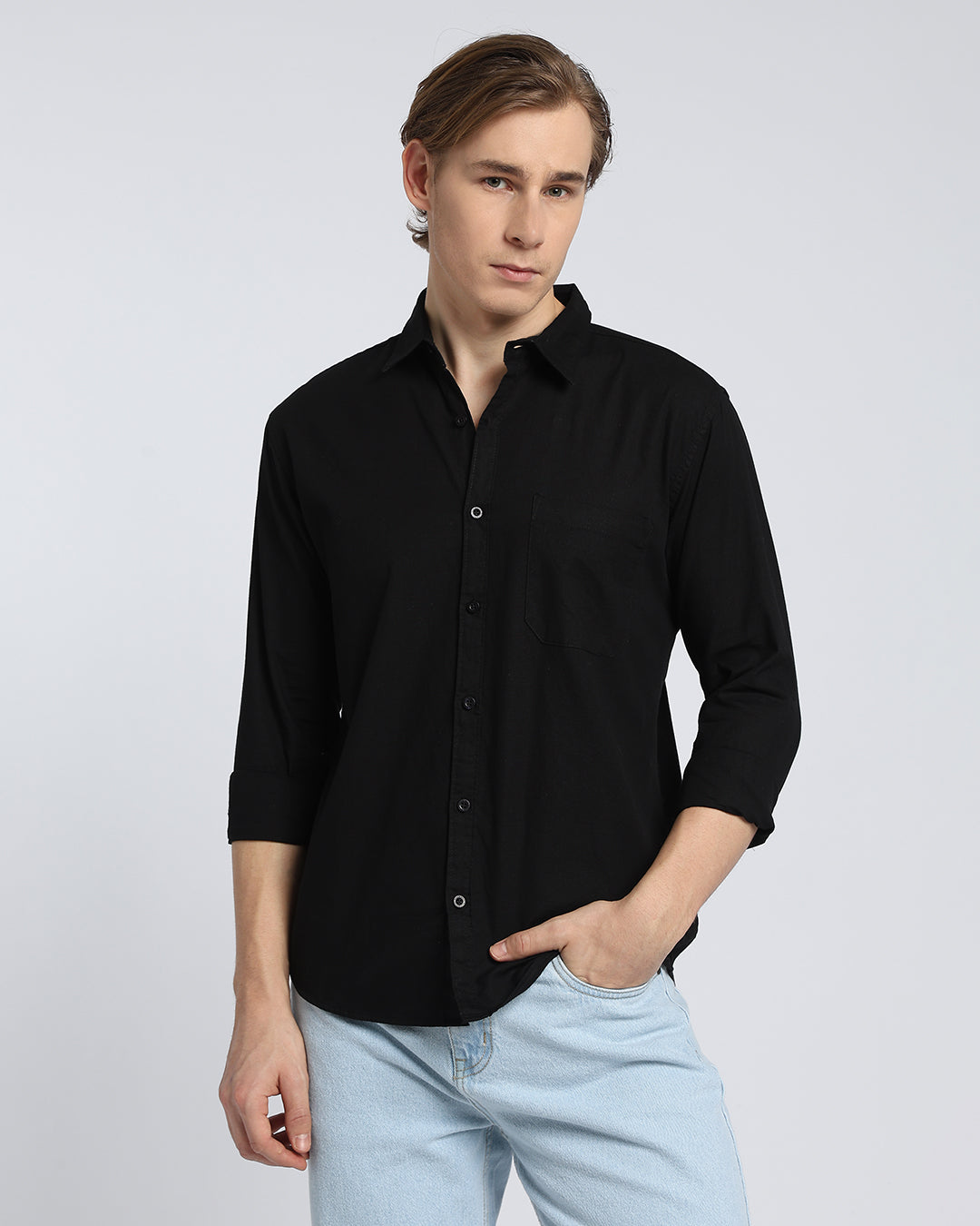 Black Plain Slub Cotton Shirt