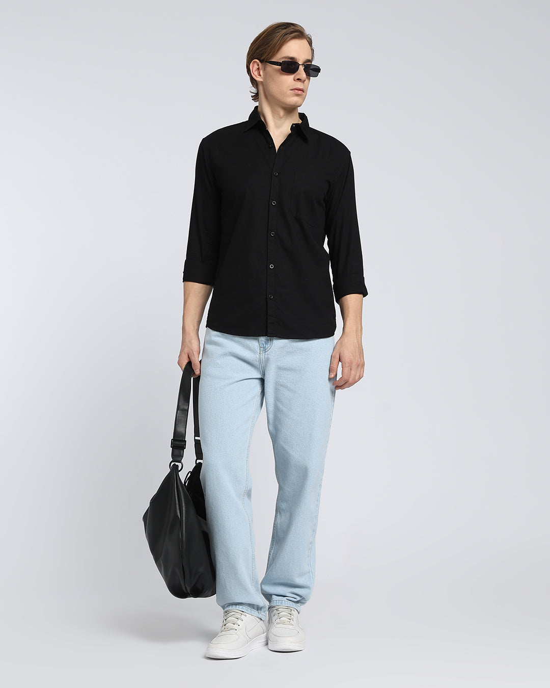 Black Plain Slub Cotton Shirt