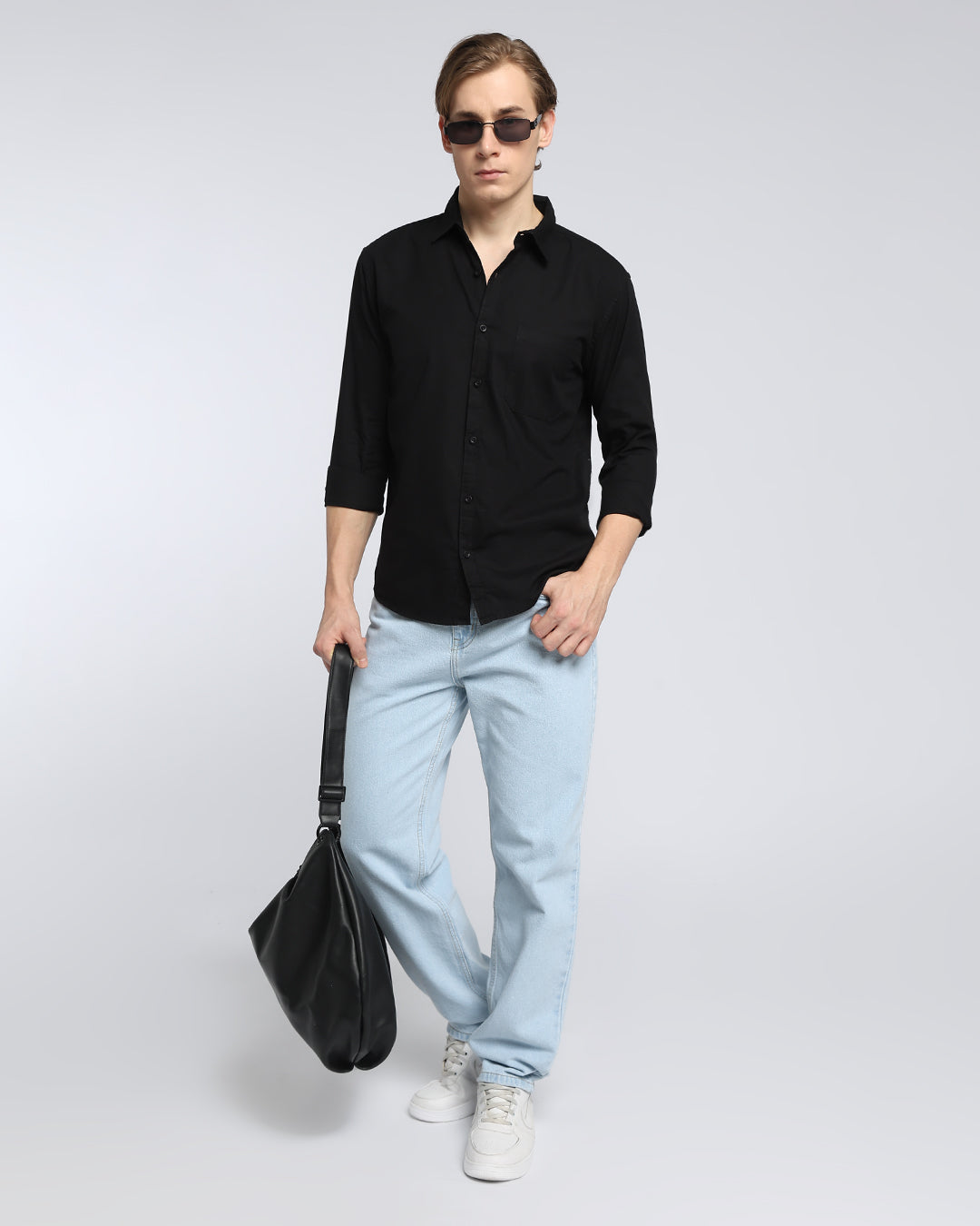 Black Plain Slub Cotton Shirt