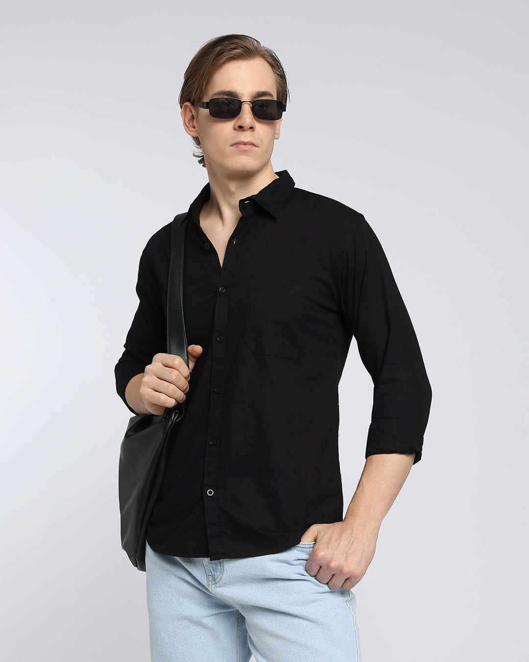 Black Plain Slub Cotton Shirt