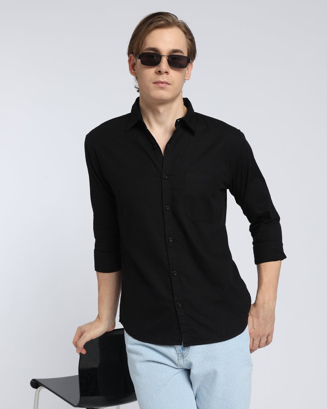 Black Plain Slub Cotton Shirt