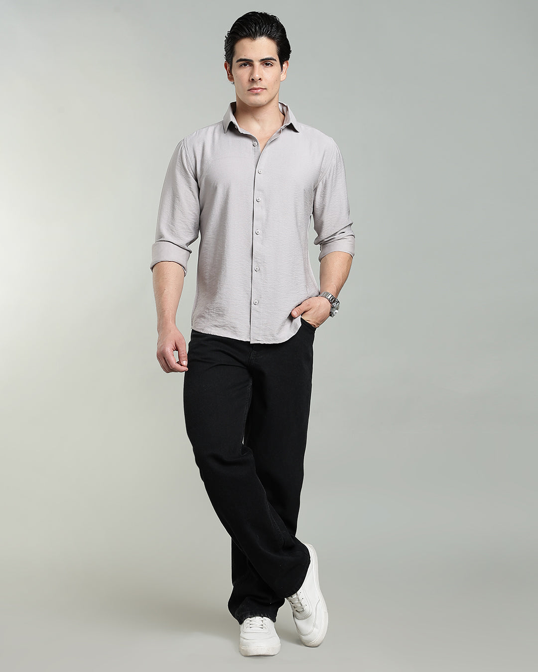 PEARL GREY CRUSHED TEXTURED SHIRT