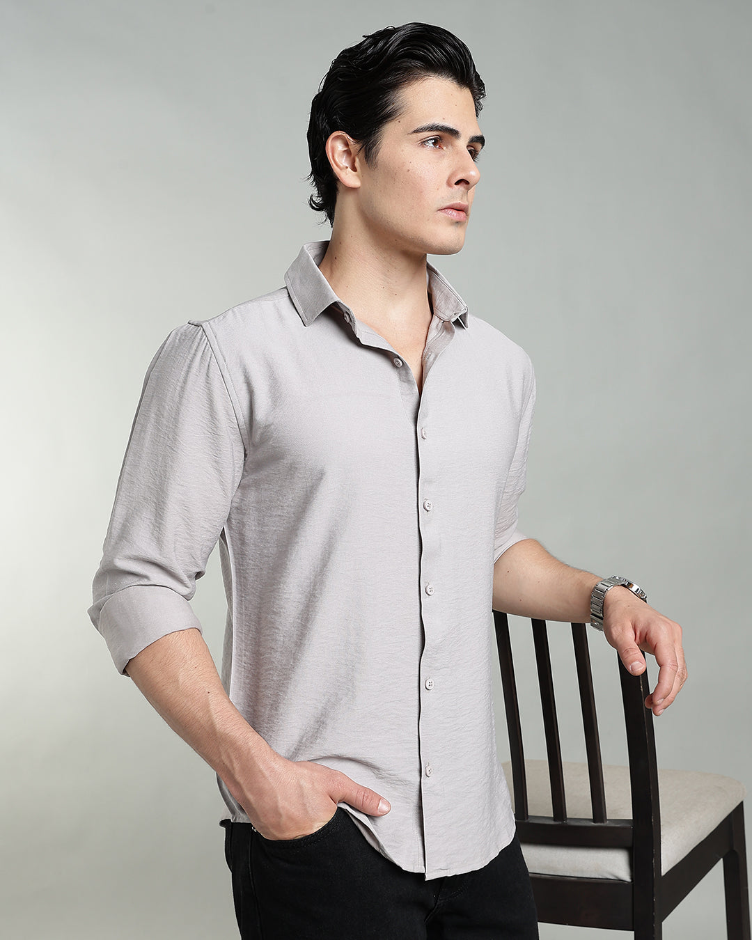 PEARL GREY CRUSHED TEXTURED SHIRT