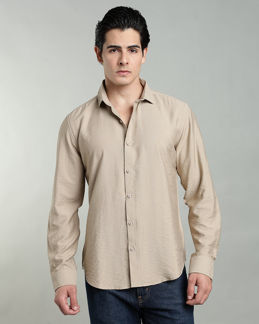 SAND BEIGE CRUSHED TEXTURED SHIRT