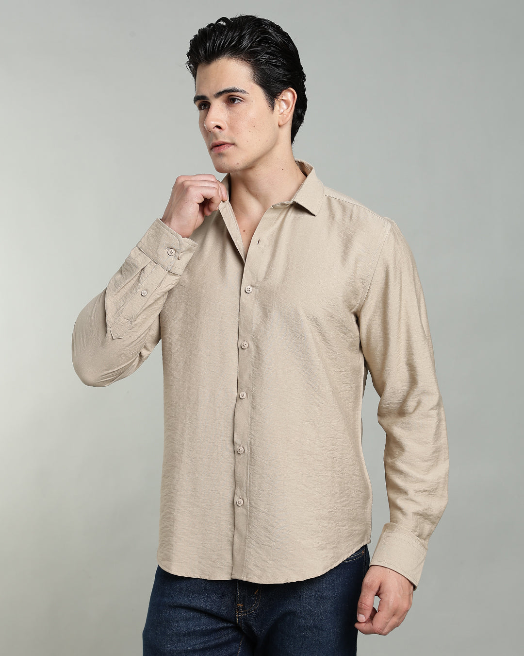 SAND BEIGE CRUSHED TEXTURED SHIRT