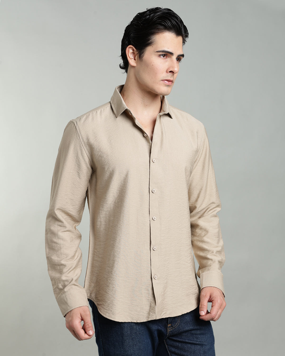 SAND BEIGE CRUSHED TEXTURED SHIRT