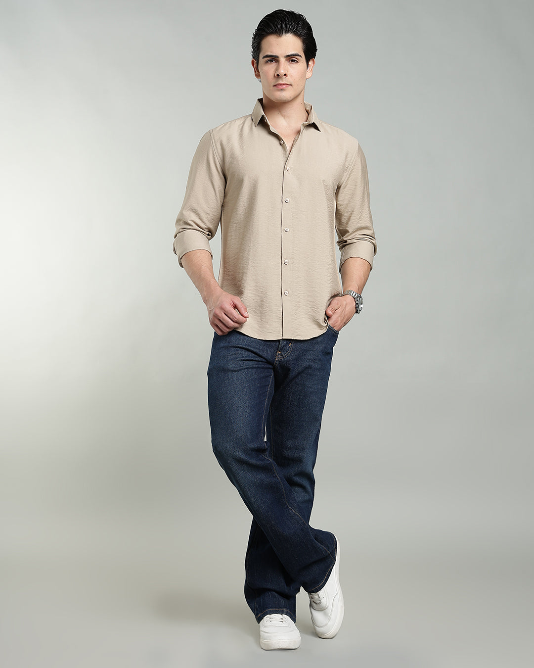 SAND BEIGE CRUSHED TEXTURED SHIRT