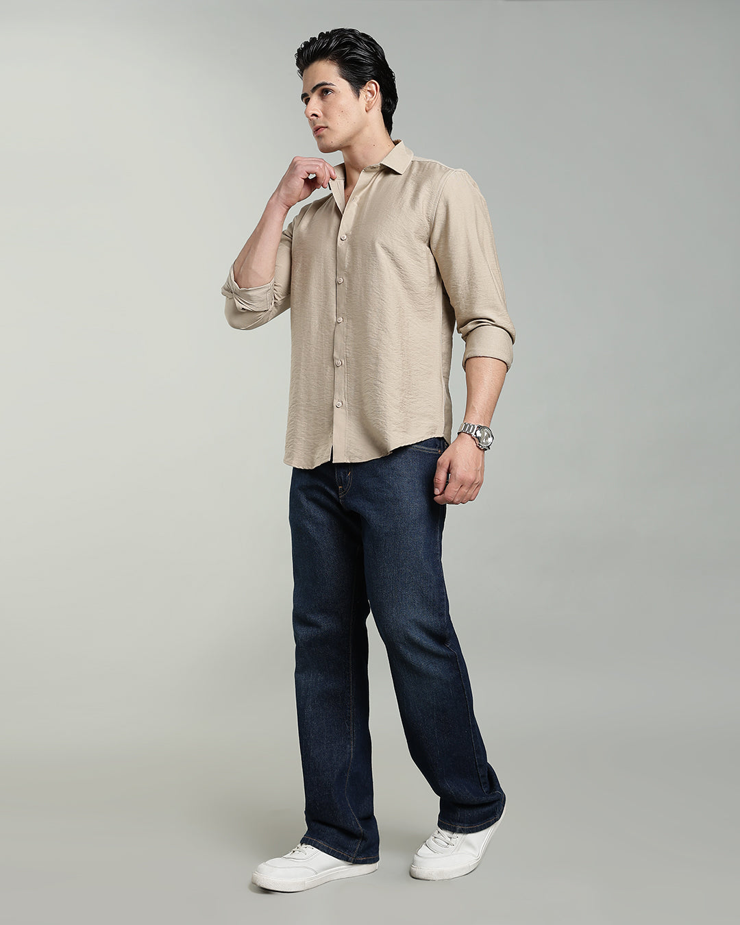 SAND BEIGE CRUSHED TEXTURED SHIRT