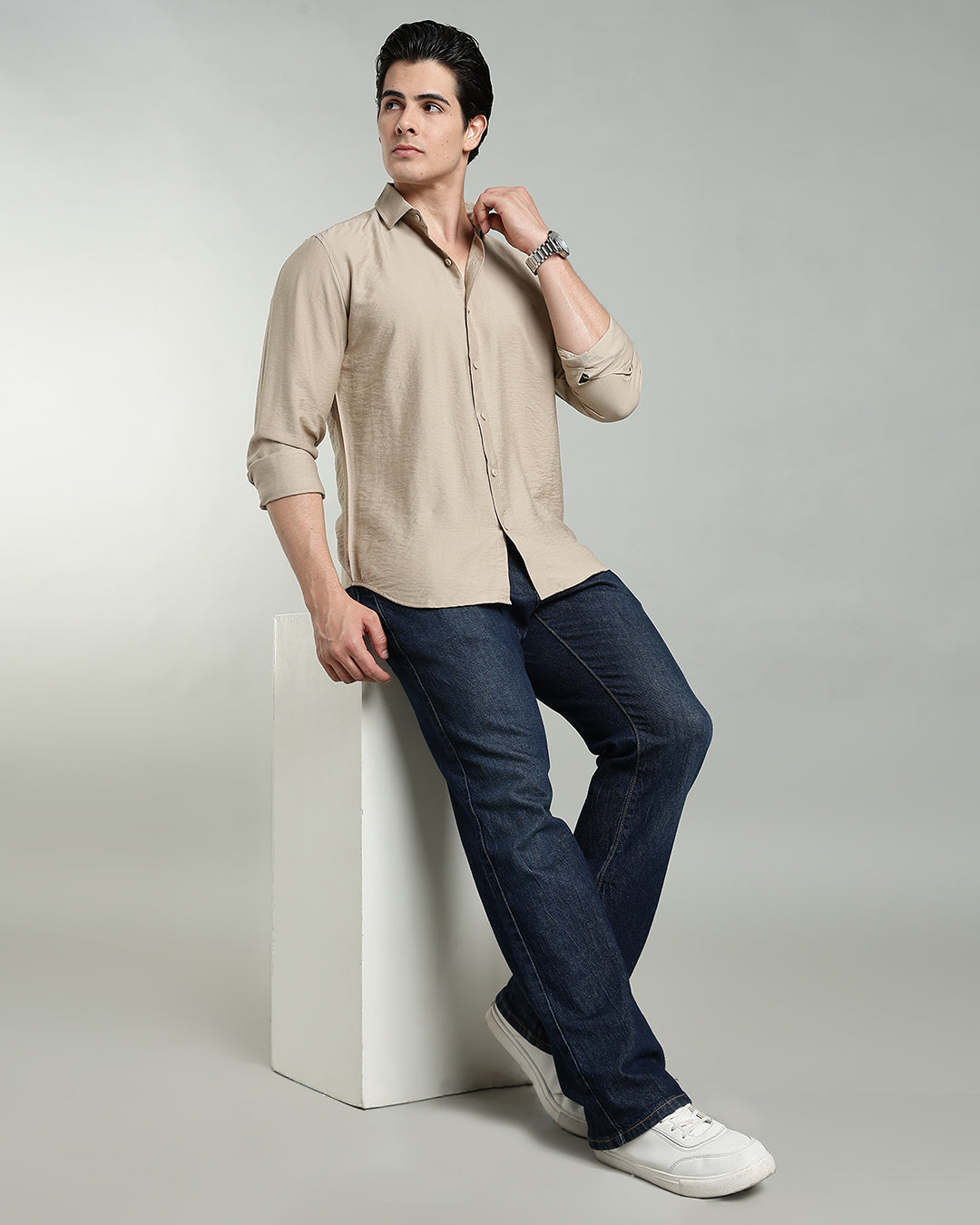 SAND BEIGE CRUSHED TEXTURED SHIRT