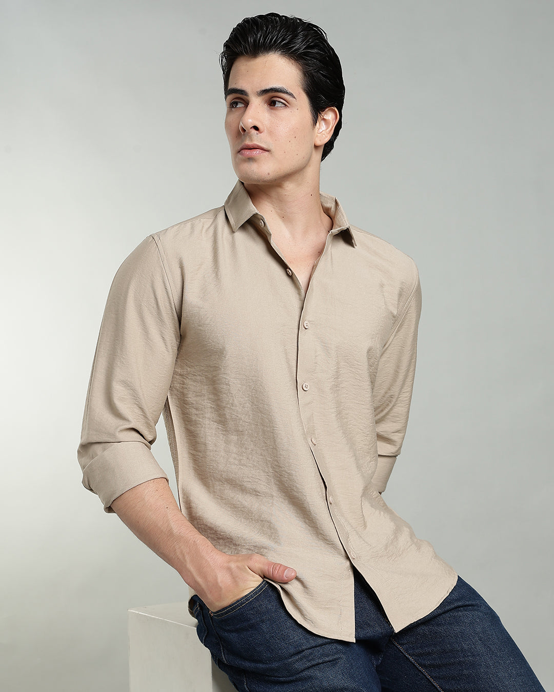 SAND BEIGE CRUSHED TEXTURED SHIRT