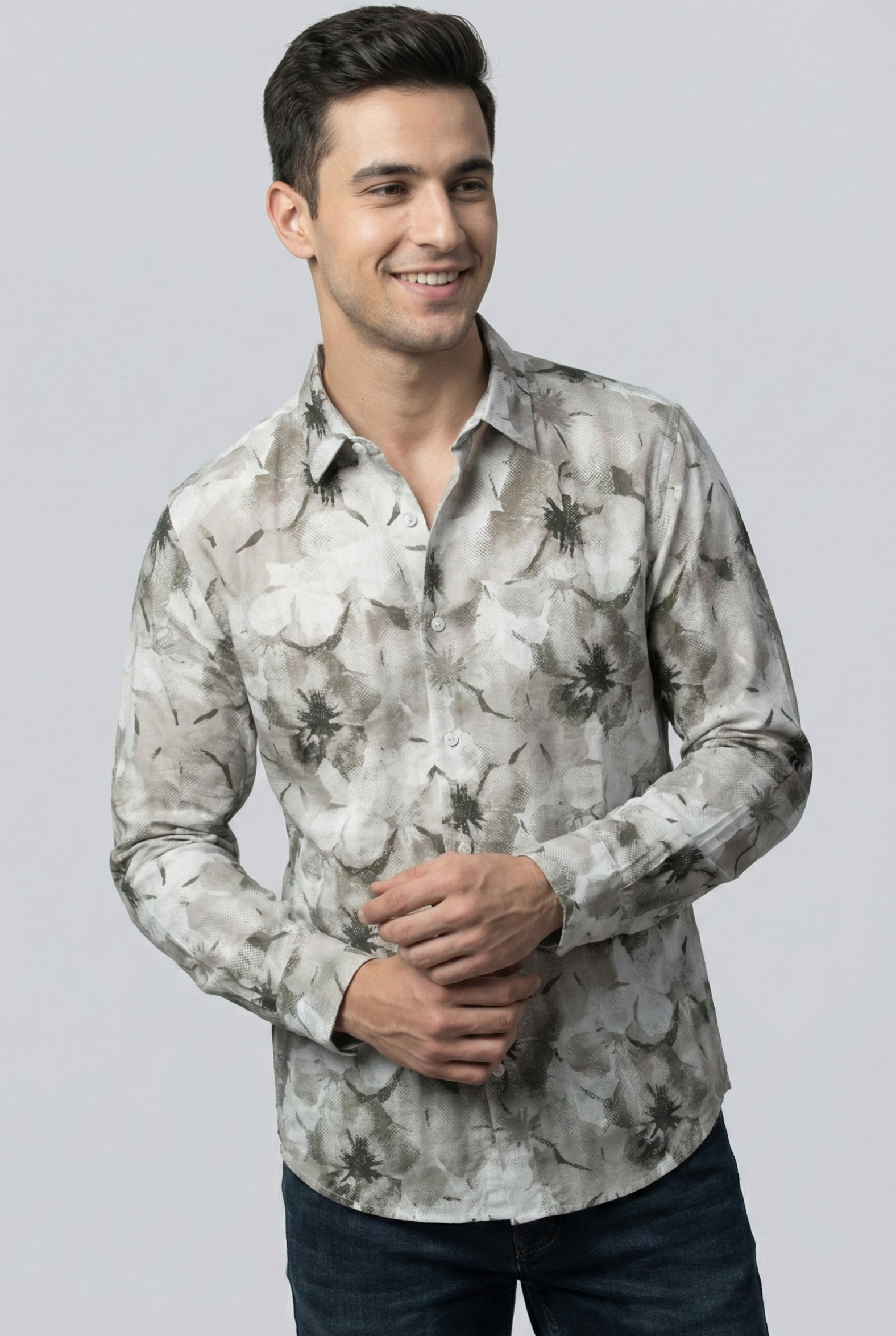 Olive Green Floral Print Shirt