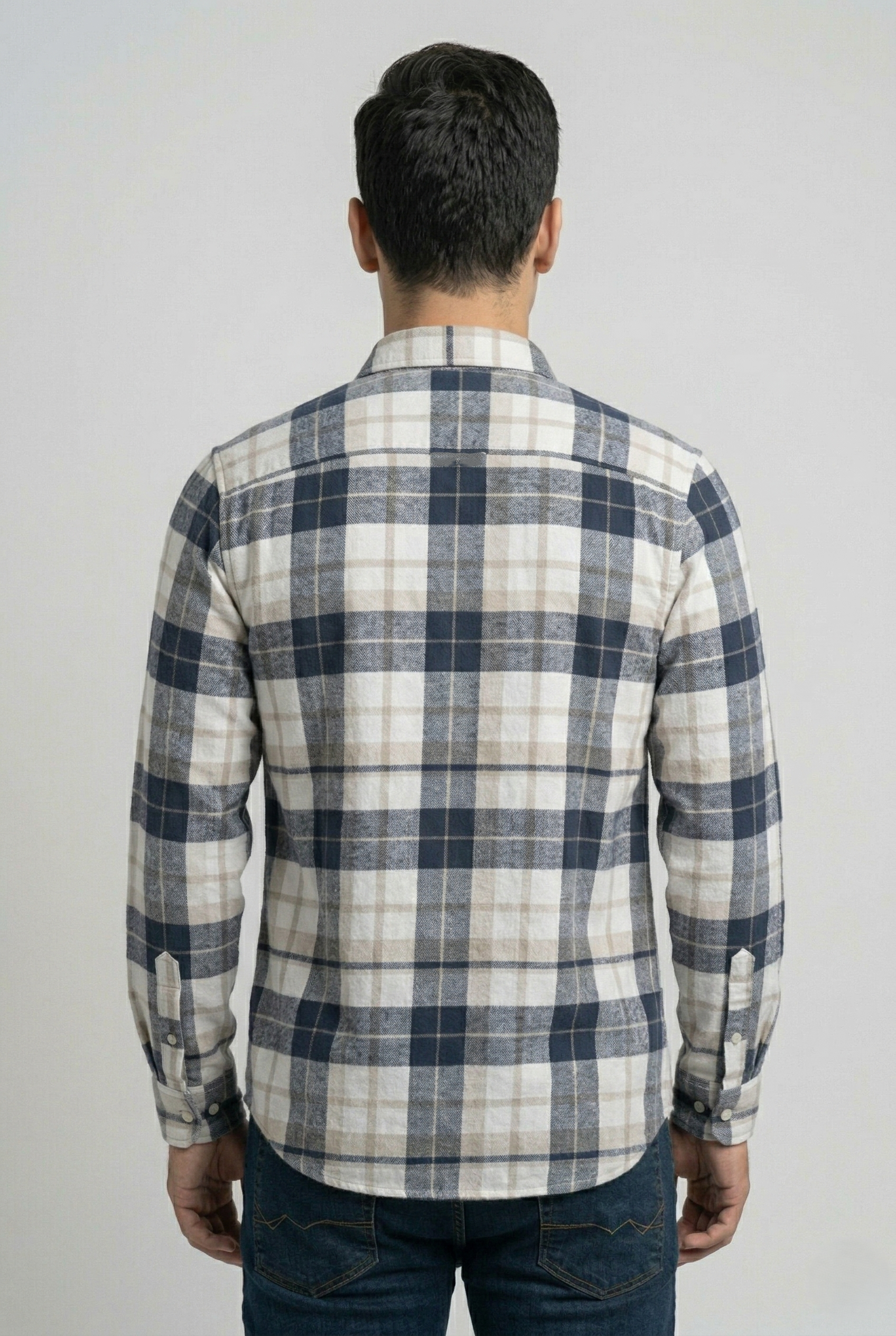 Dark Blue & White Large Check Cotton Shirt