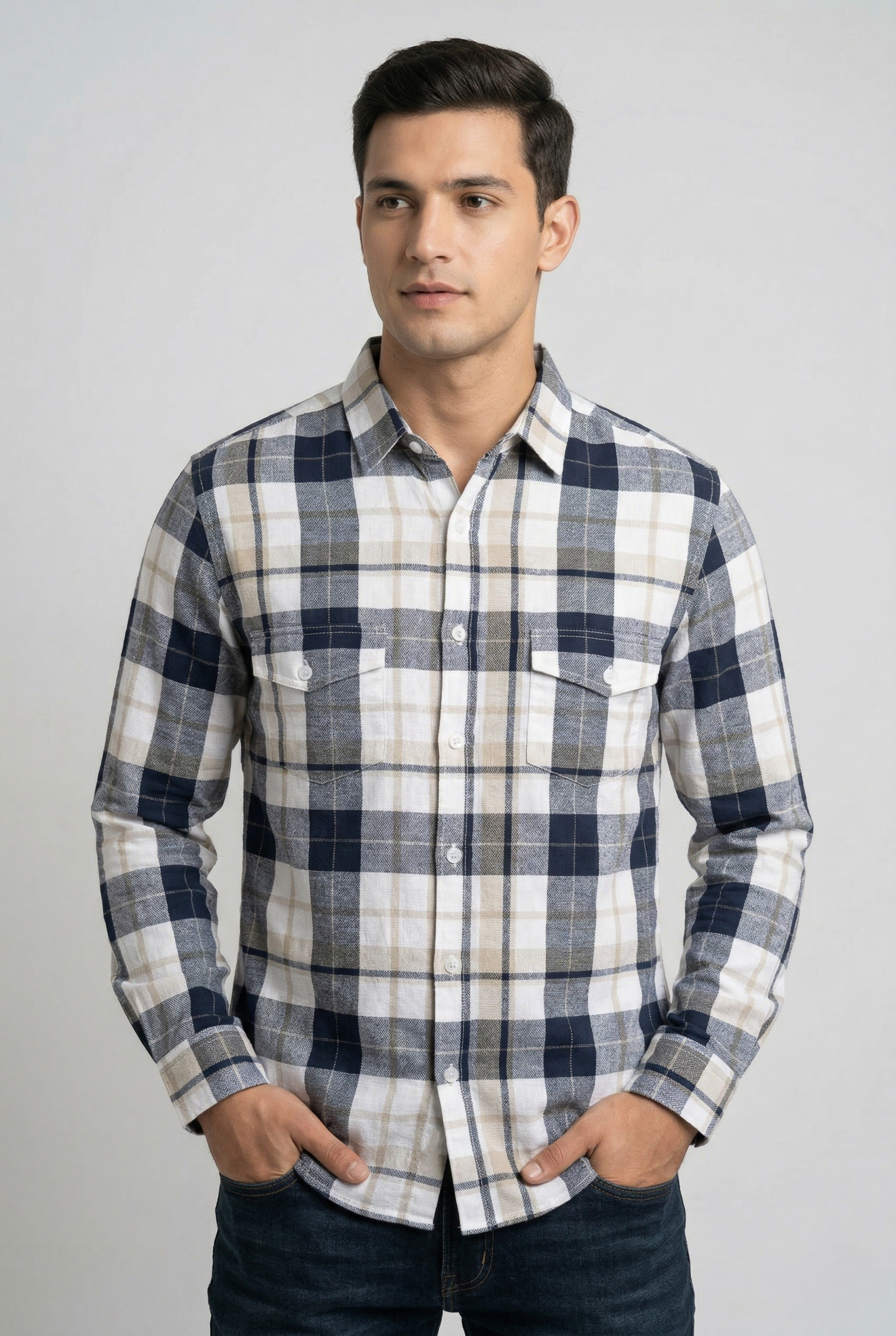 Dark Blue & White Large Check Cotton Shirt