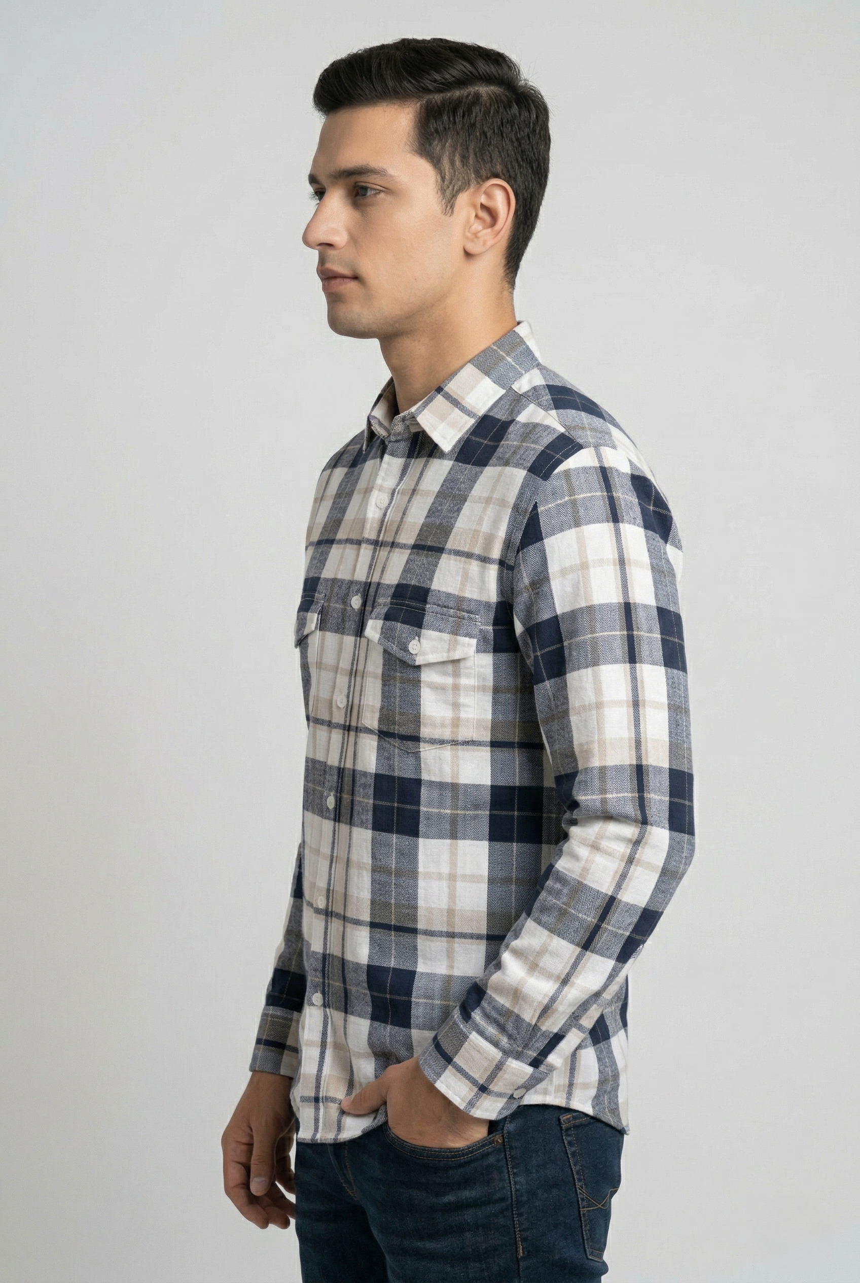 Dark Blue & White Large Check Cotton Shirt