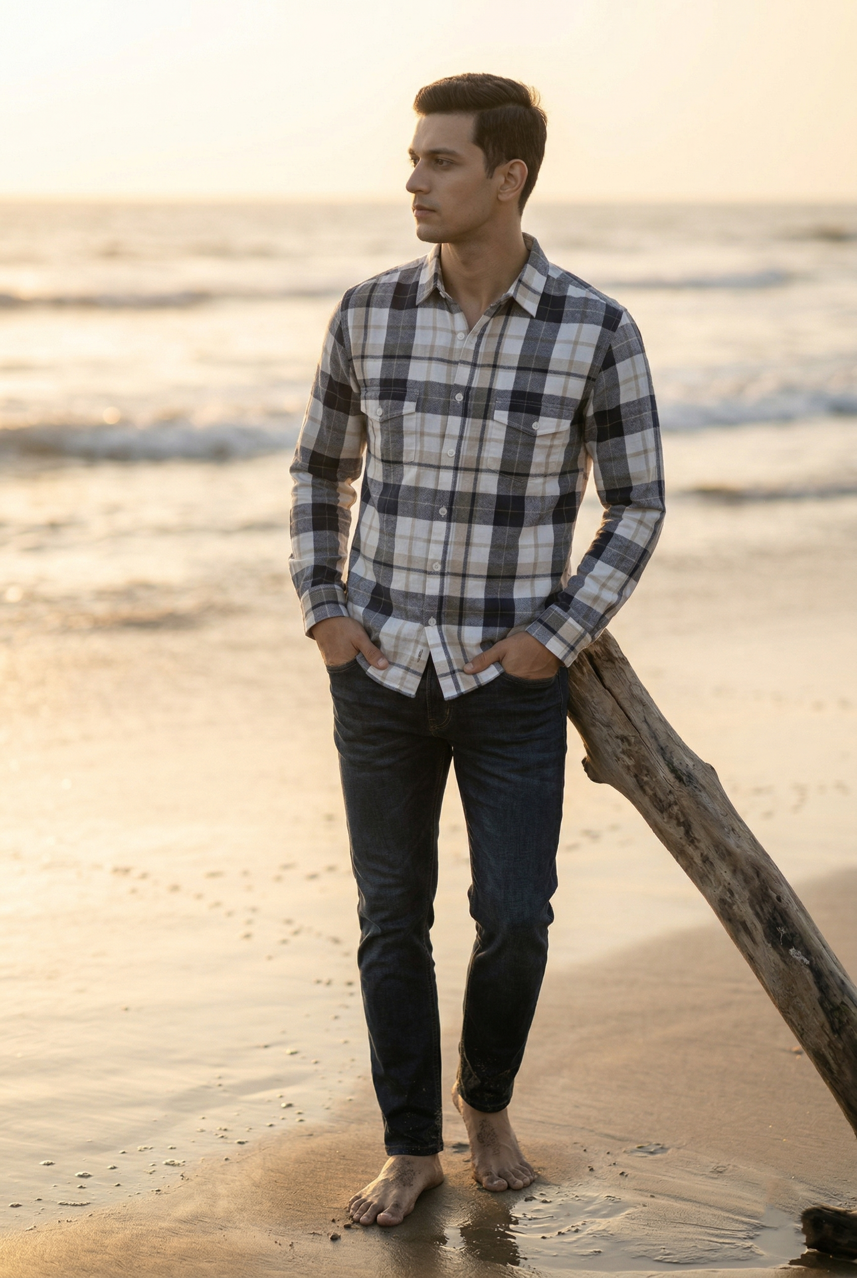 Dark Blue & White Large Check Cotton Shirt