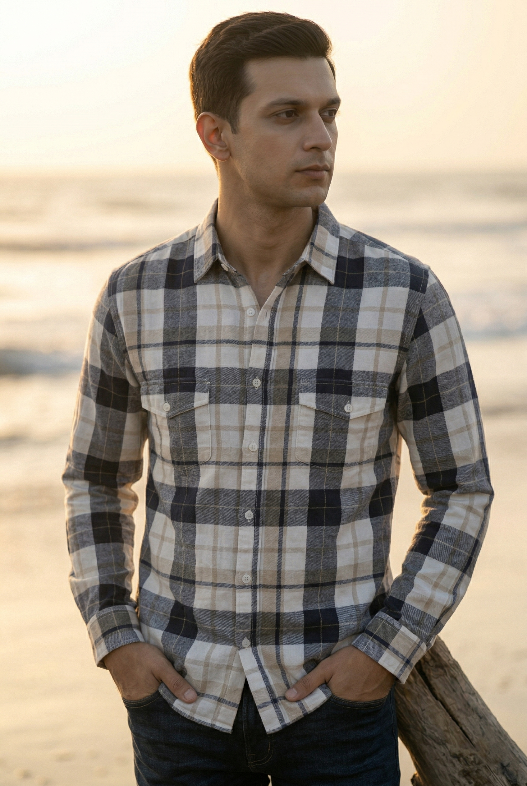 Dark Blue & White Large Check Cotton Shirt