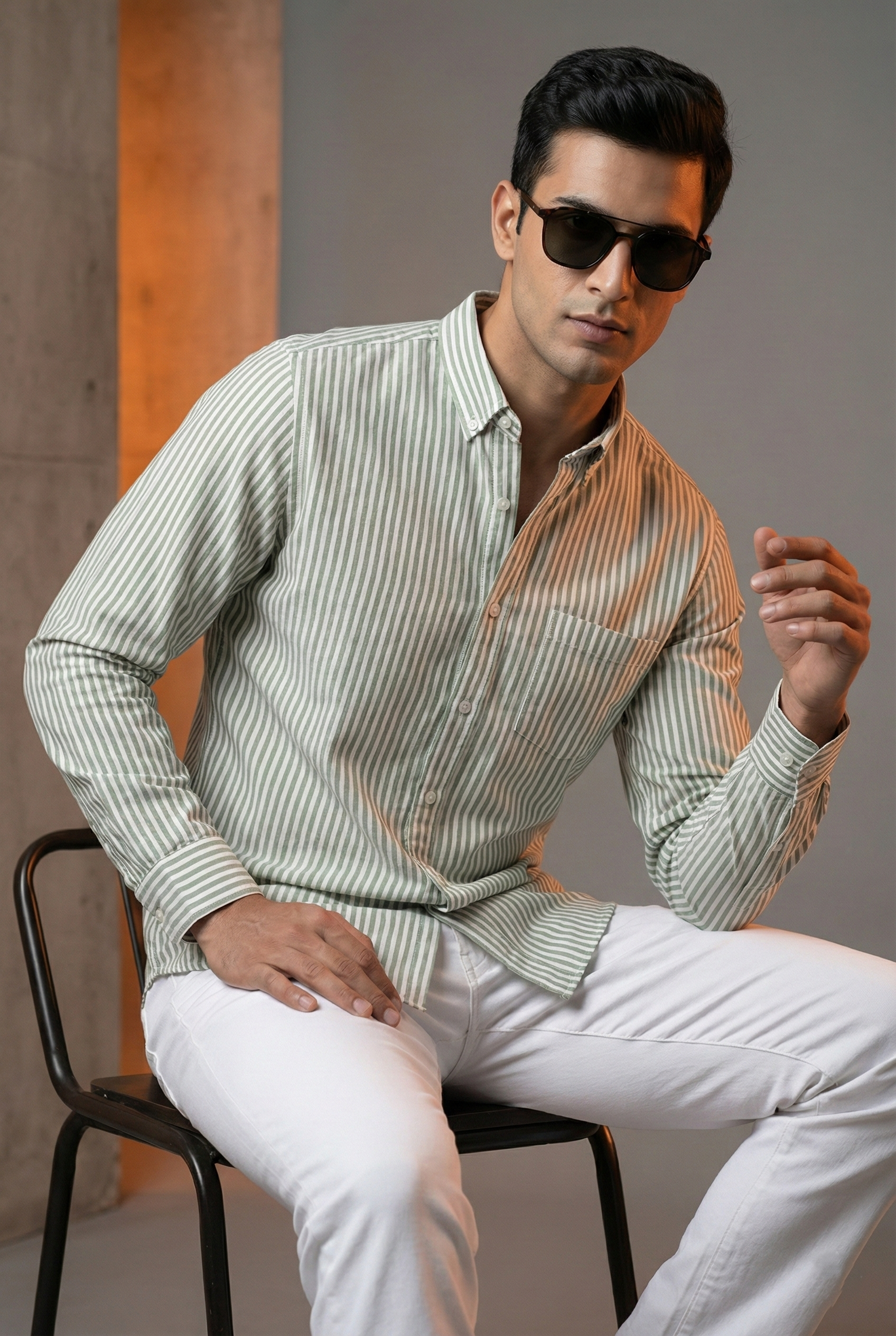 Olive Green Oxford Striped Shirt