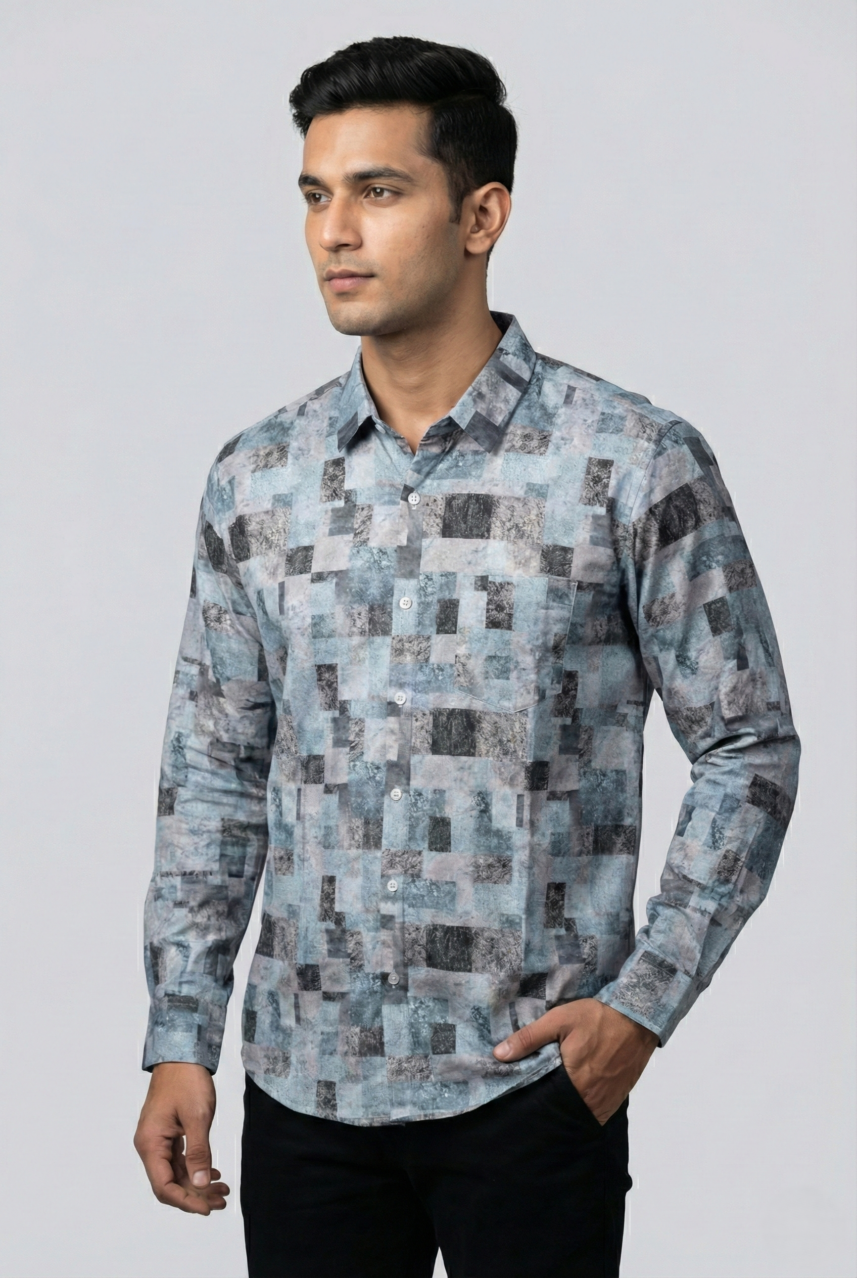 Muted Blue Ash Grey Geometric Print Shirt