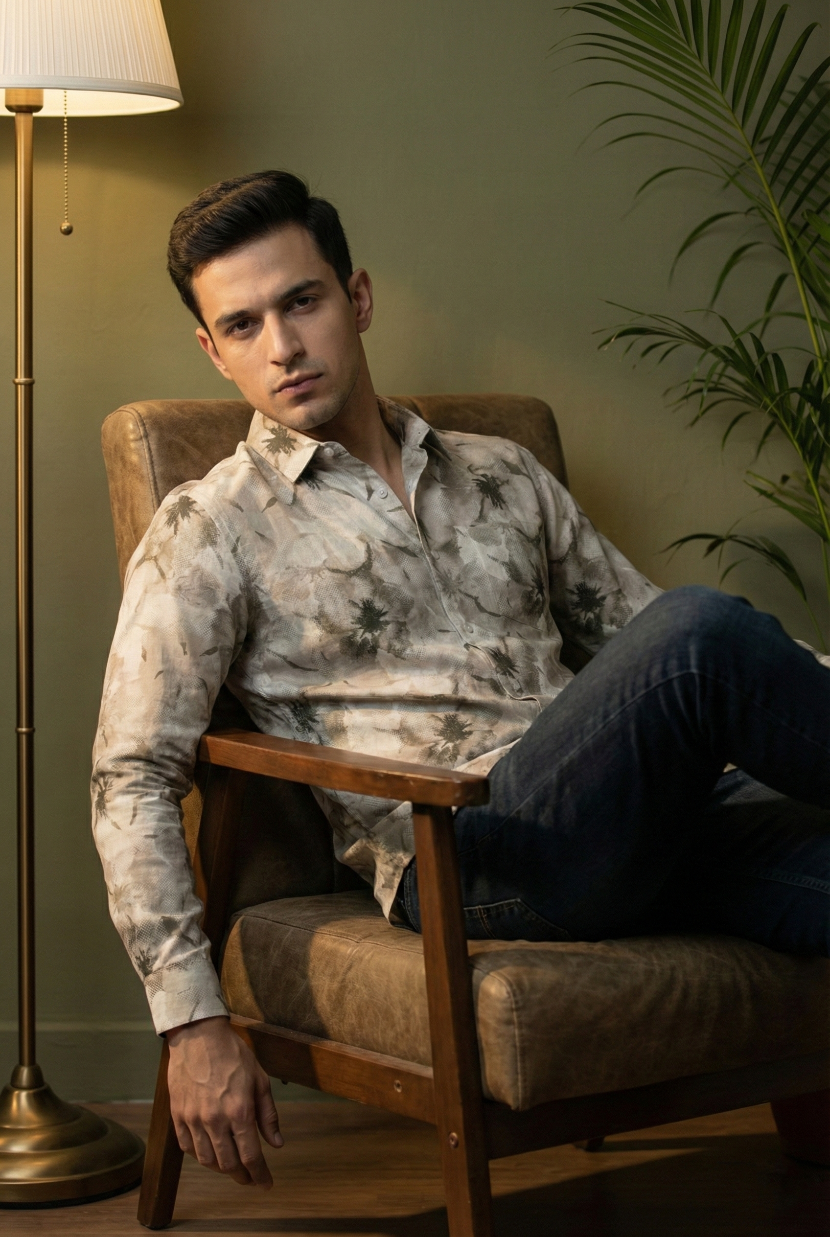 Olive Green Floral Print Shirt
