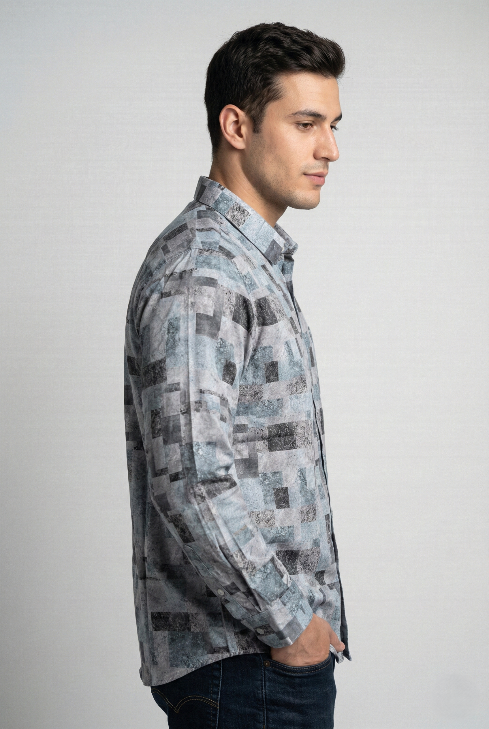 Muted Blue Ash Grey Geometric Print Shirt