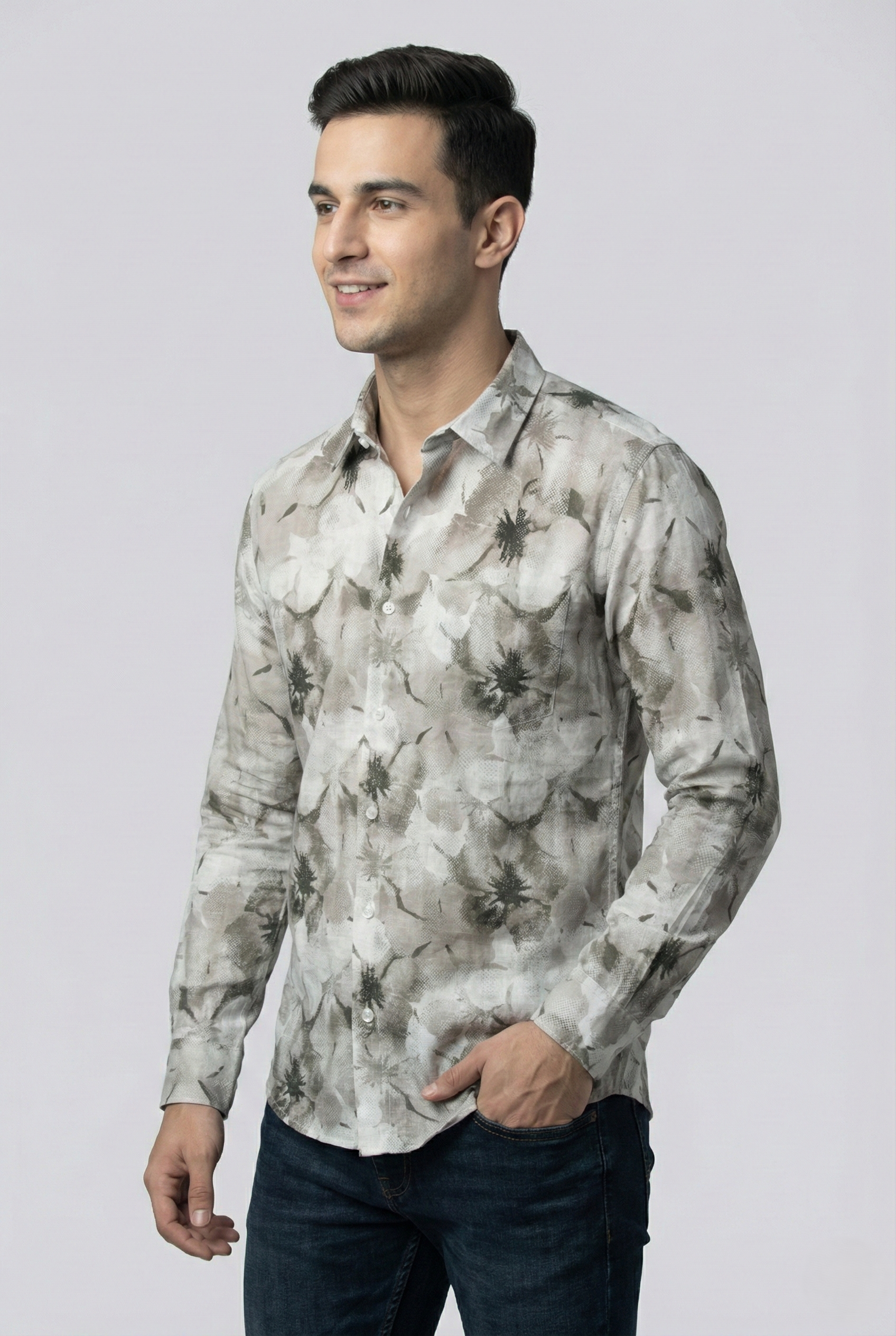 Olive Green Floral Print Shirt