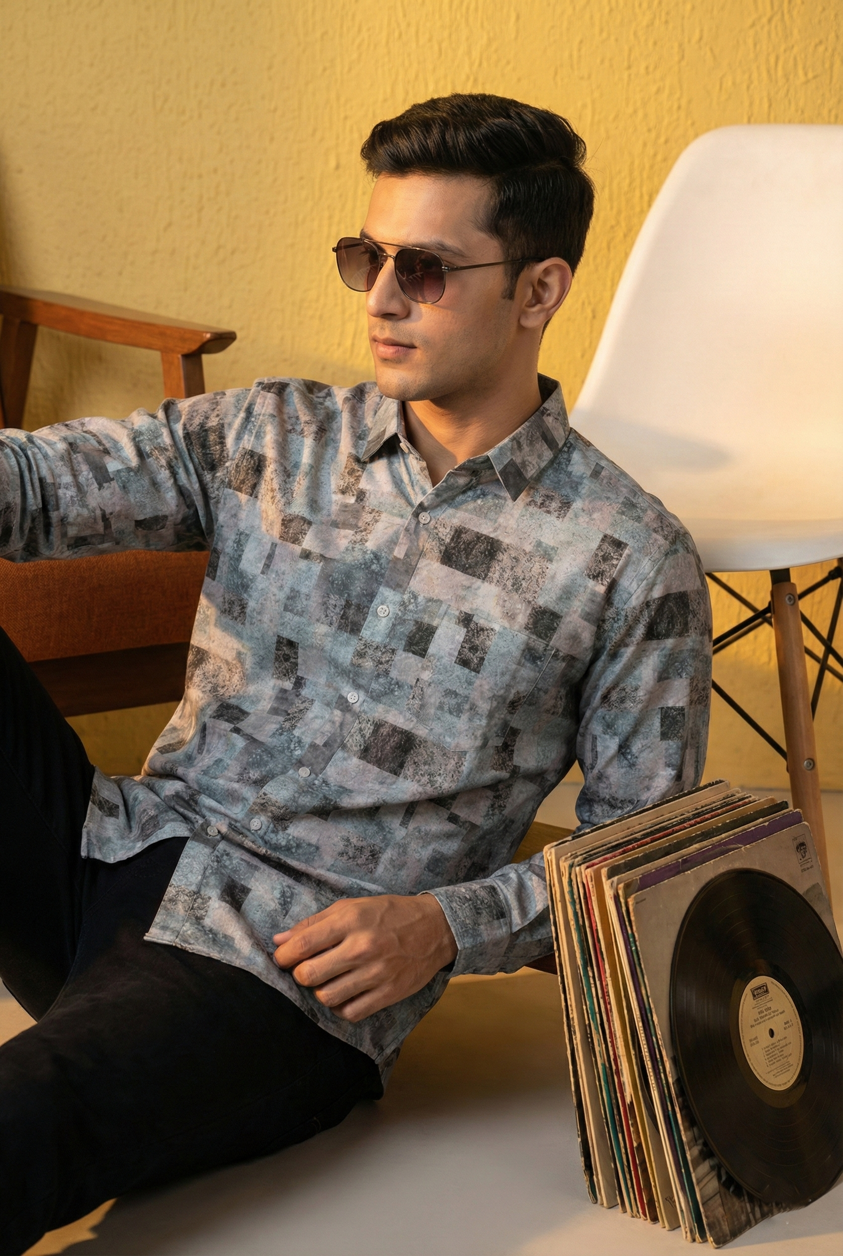Muted Blue Ash Grey Geometric Print Shirt