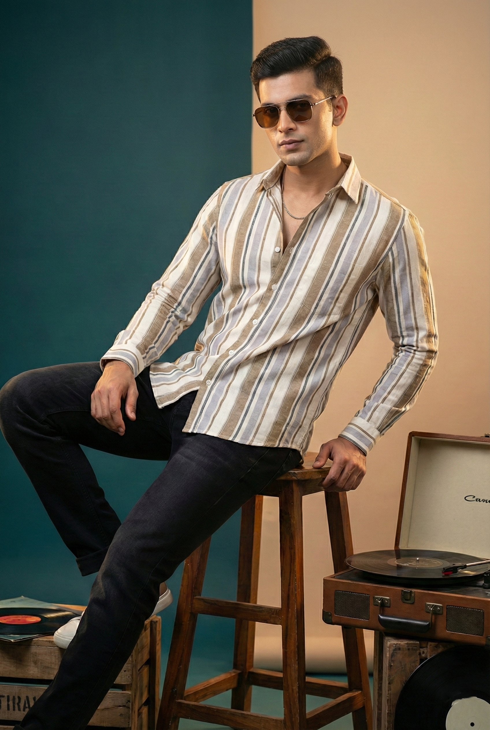 Sand Brown Broad Striped Shirt