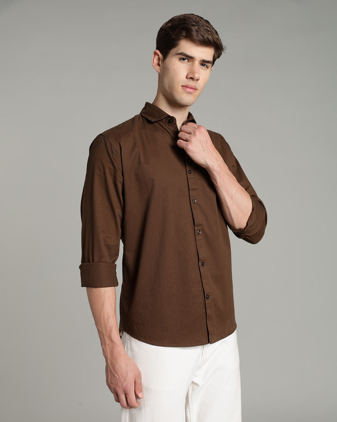 OLIVE BROWN CASUAL PLAIN COTTON SHIRT