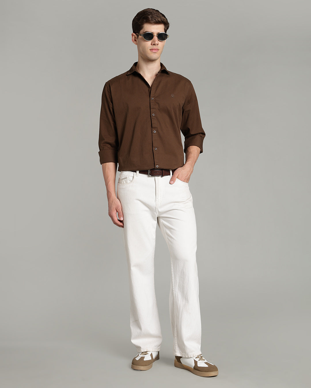 OLIVE BROWN CASUAL PLAIN COTTON SHIRT