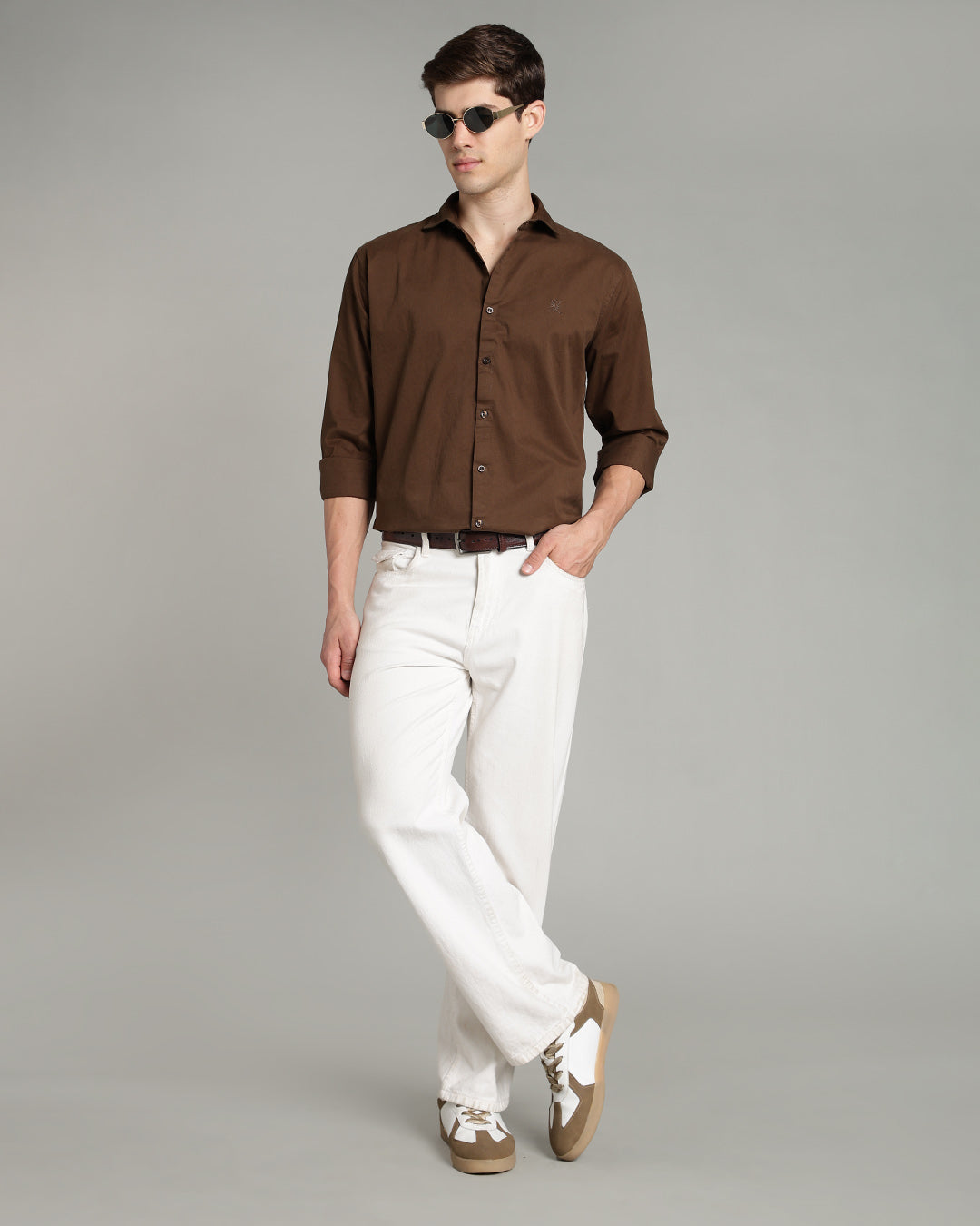 OLIVE BROWN CASUAL PLAIN COTTON SHIRT