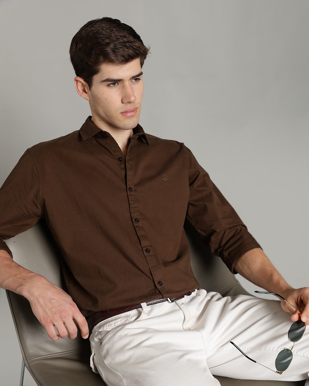 OLIVE BROWN CASUAL PLAIN COTTON SHIRT
