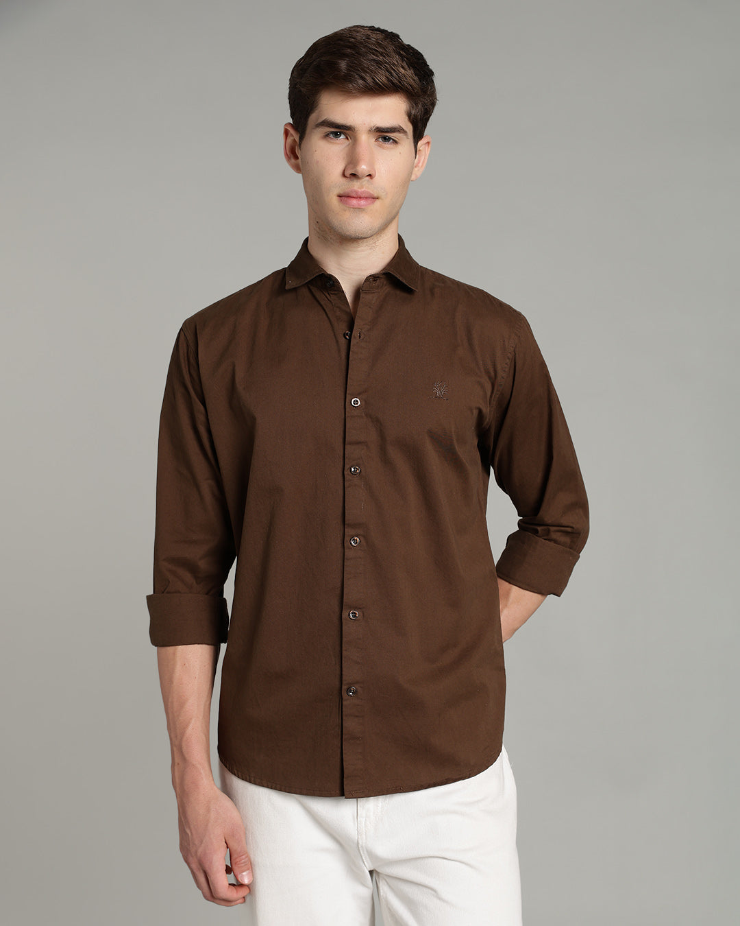 OLIVE BROWN CASUAL PLAIN COTTON SHIRT