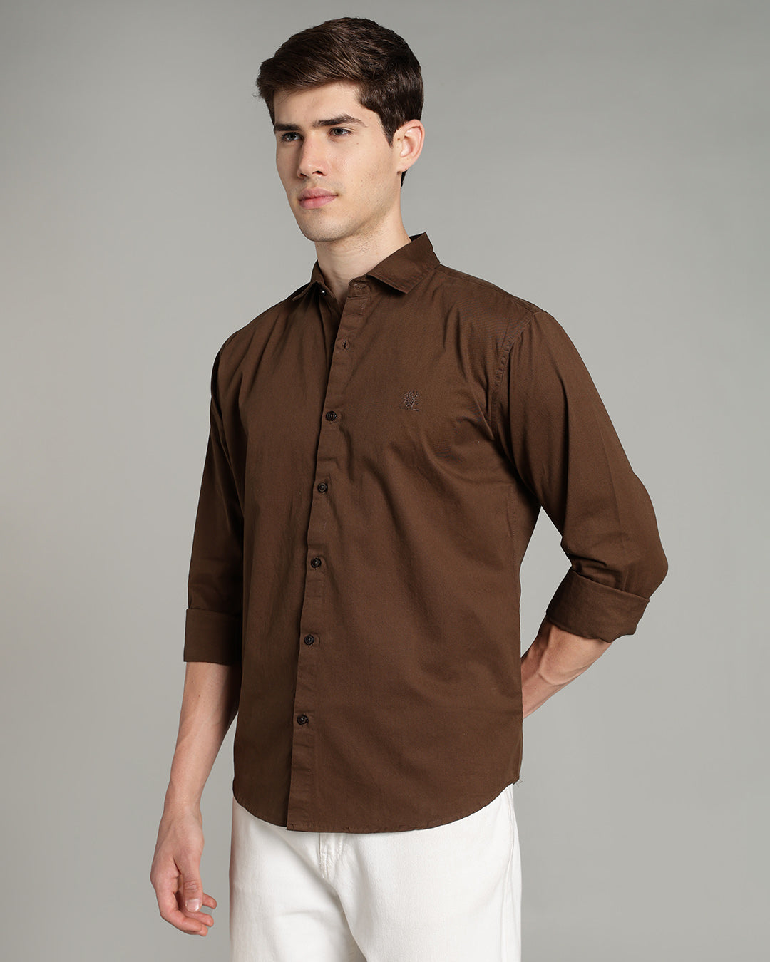 OLIVE BROWN CASUAL PLAIN COTTON SHIRT