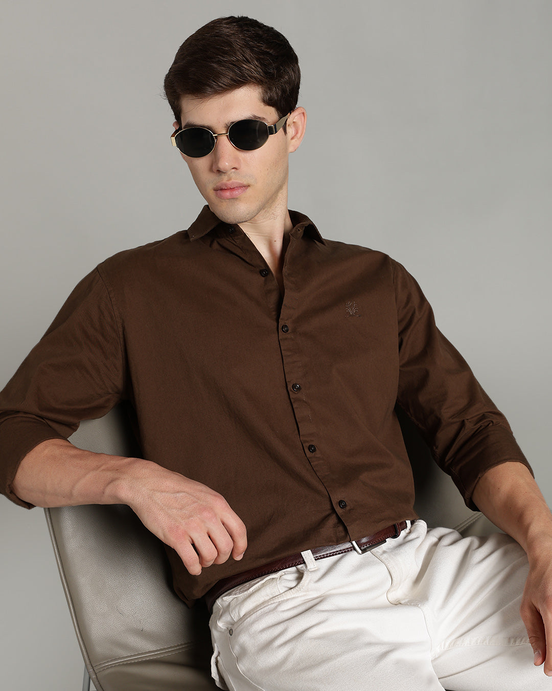 OLIVE BROWN CASUAL PLAIN COTTON SHIRT