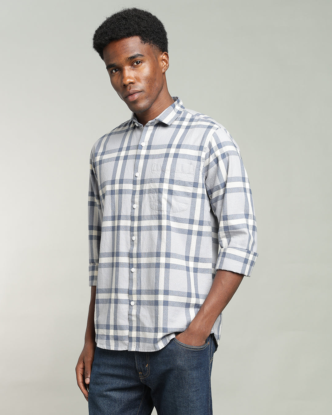 MIST GREY WINDOWPANE CHECK SHIRT