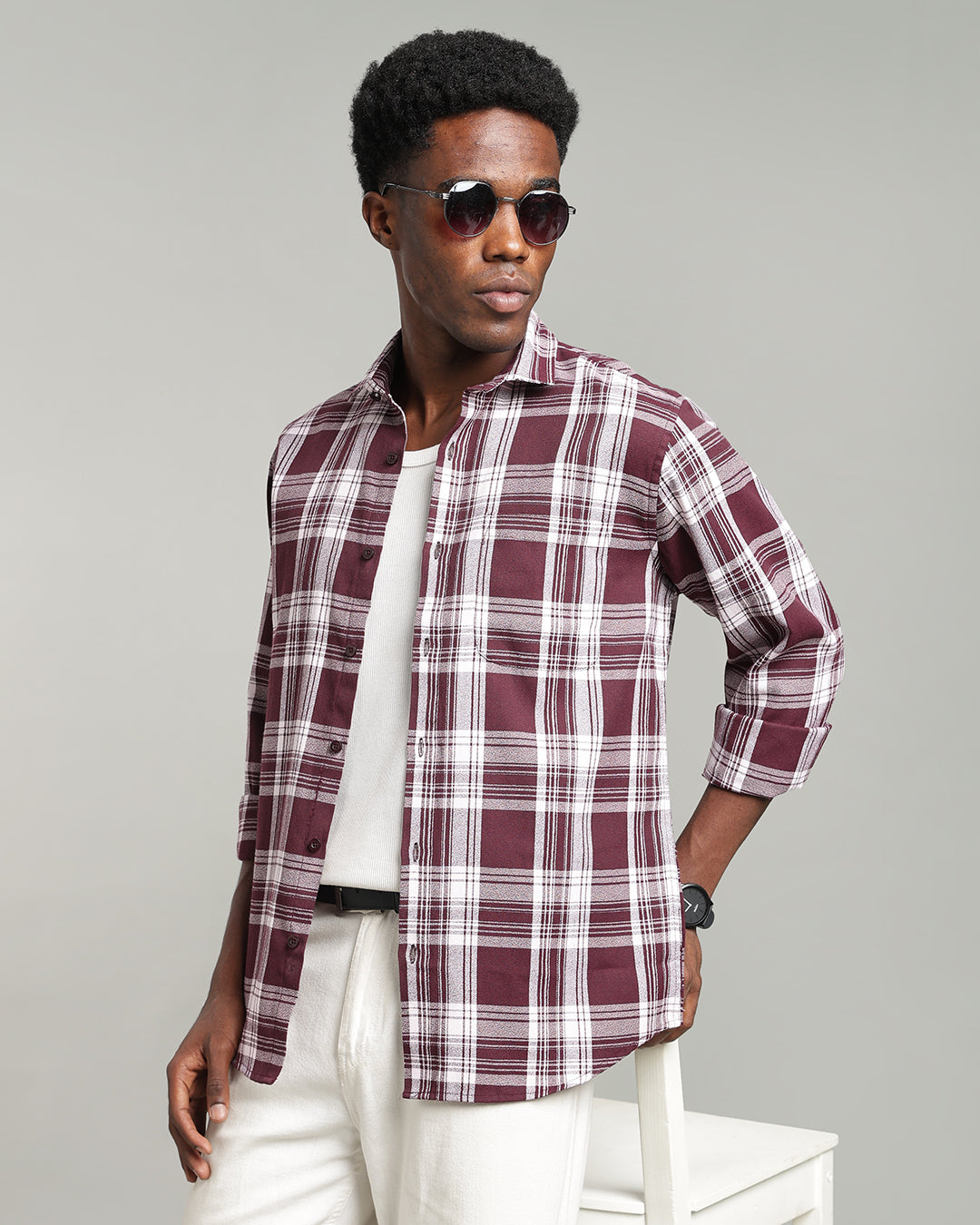 MAROON TARTAN CHECK CASUAL SHIRT