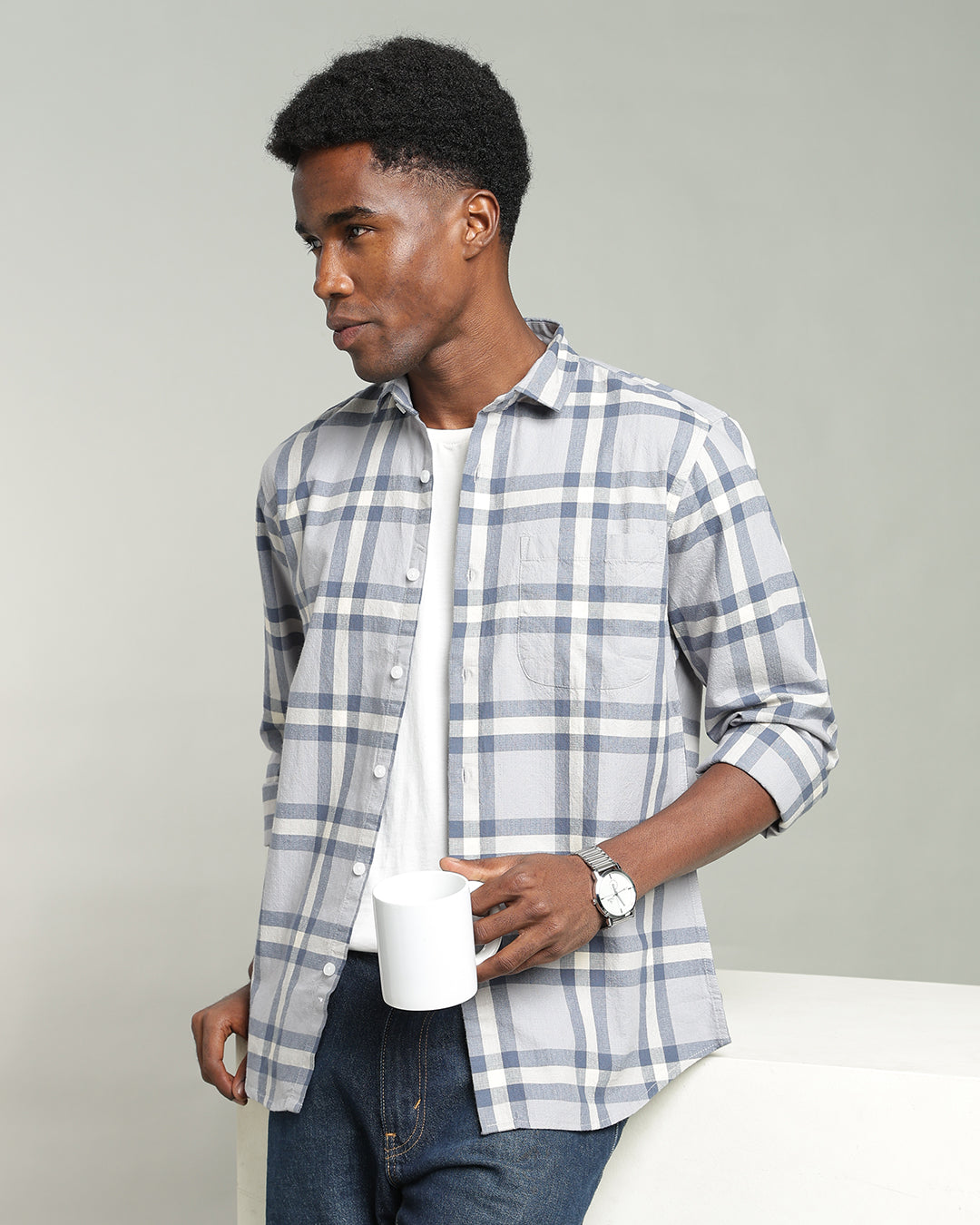 MIST GREY WINDOWPANE CHECK SHIRT