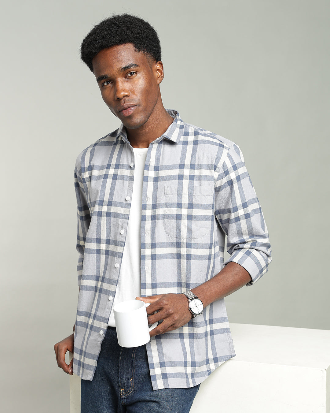 MIST GREY WINDOWPANE CHECK SHIRT
