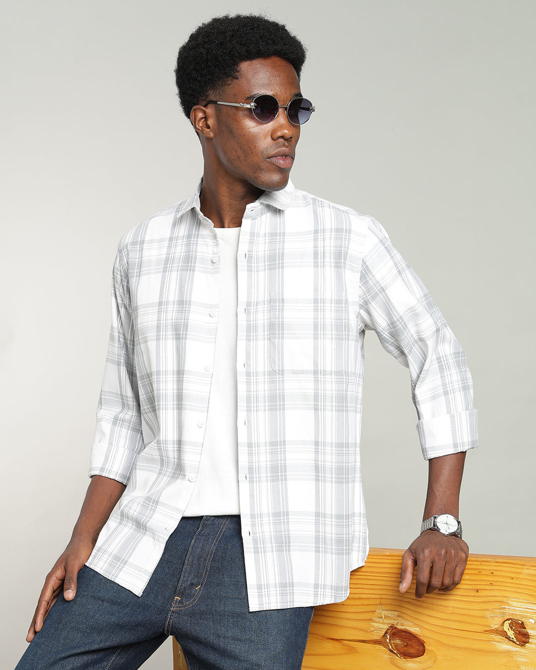 WHITE TARTAN CHECK CASUAL SHIRT
