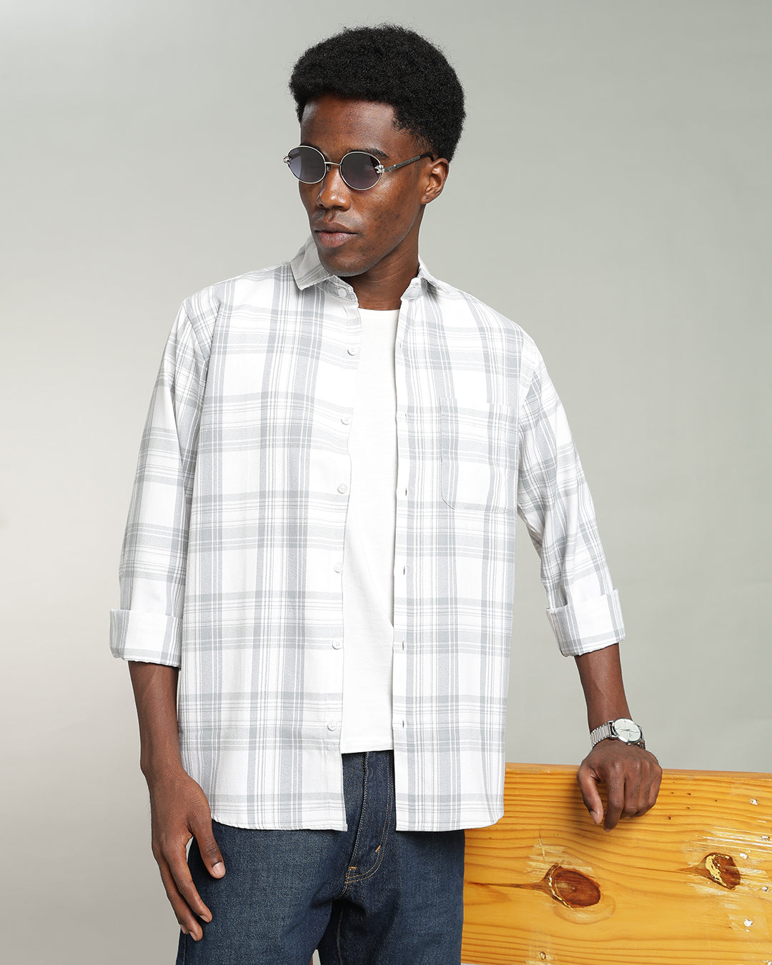 WHITE TARTAN CHECK CASUAL SHIRT