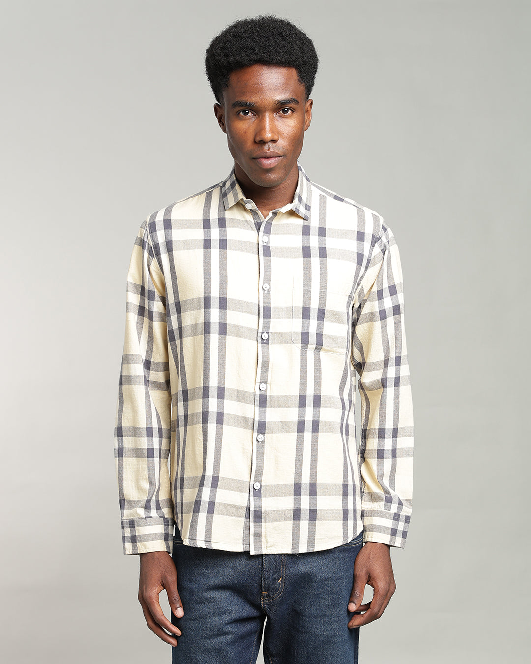 PALE YELLOW WINDOWPANE CHECK SHIRT
