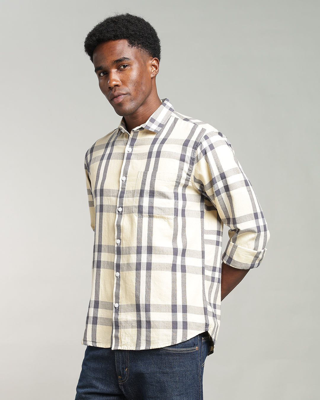 PALE YELLOW WINDOWPANE CHECK SHIRT