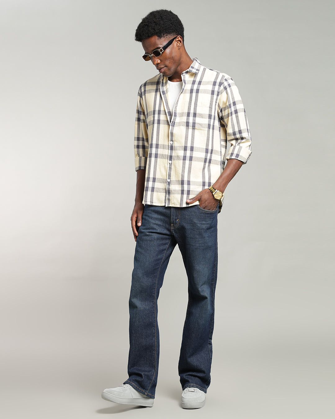 PALE YELLOW WINDOWPANE CHECK SHIRT