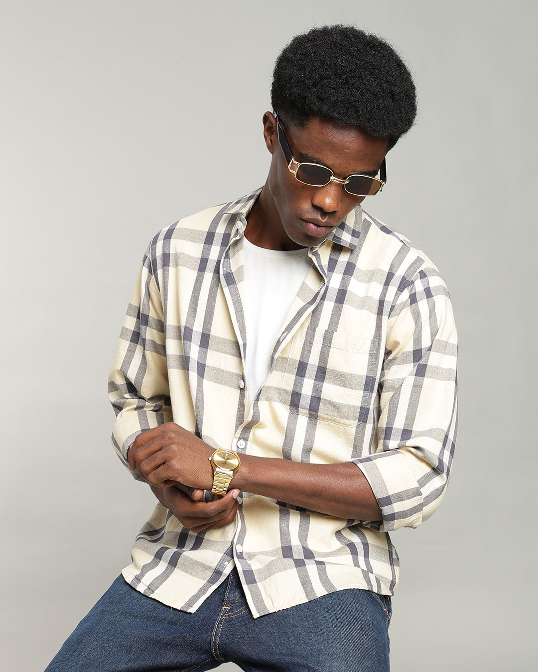 PALE YELLOW WINDOWPANE CHECK SHIRT