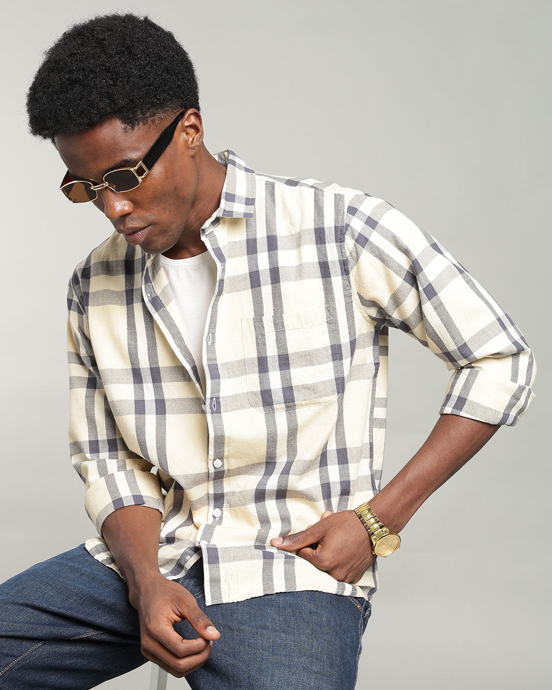 PALE YELLOW WINDOWPANE CHECK SHIRT