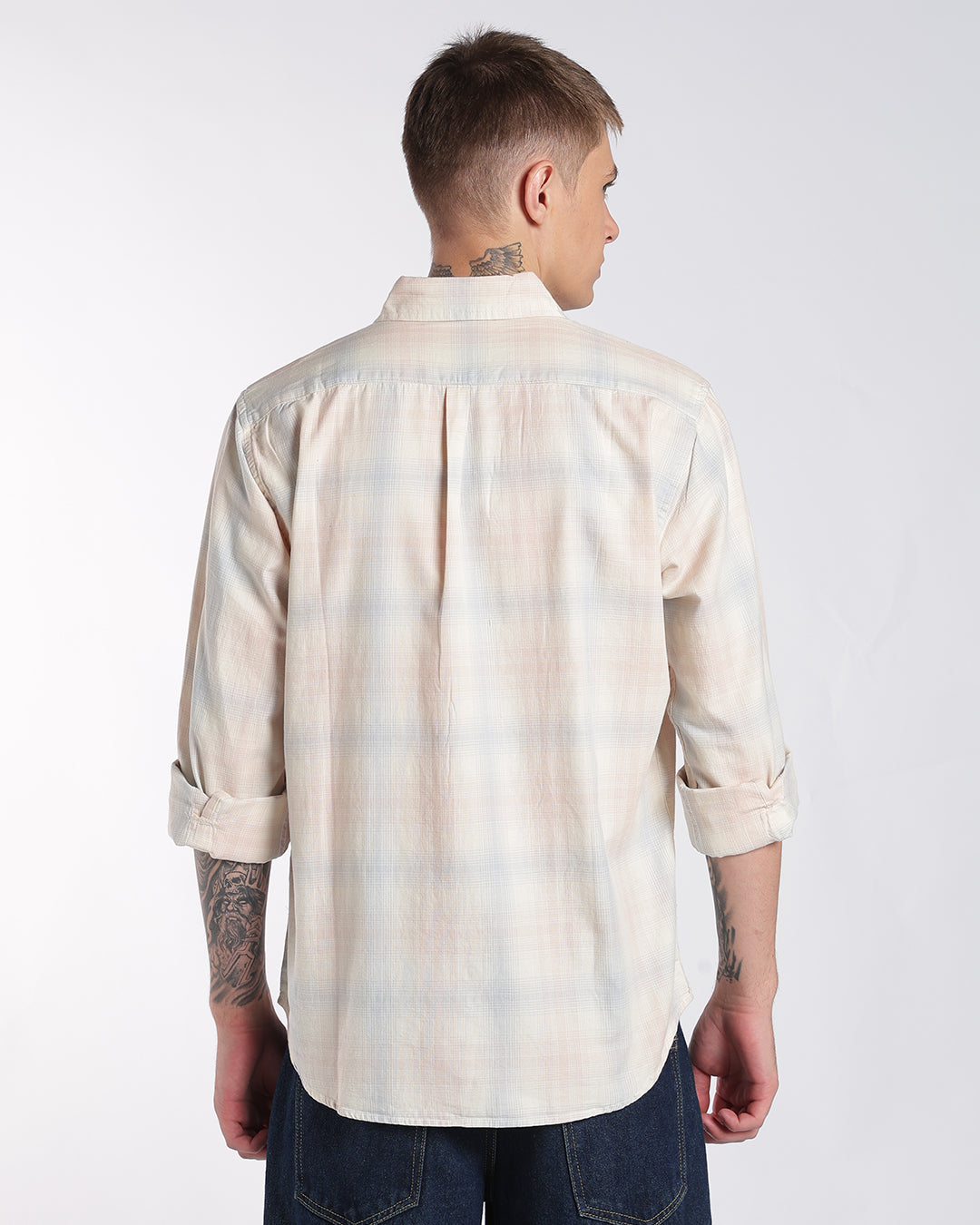 Light Peach & Blue Multi-Check Regular Fit Shirt