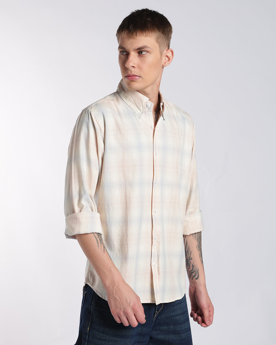 Light Peach & Blue Multi-Check Regular Fit Shirt