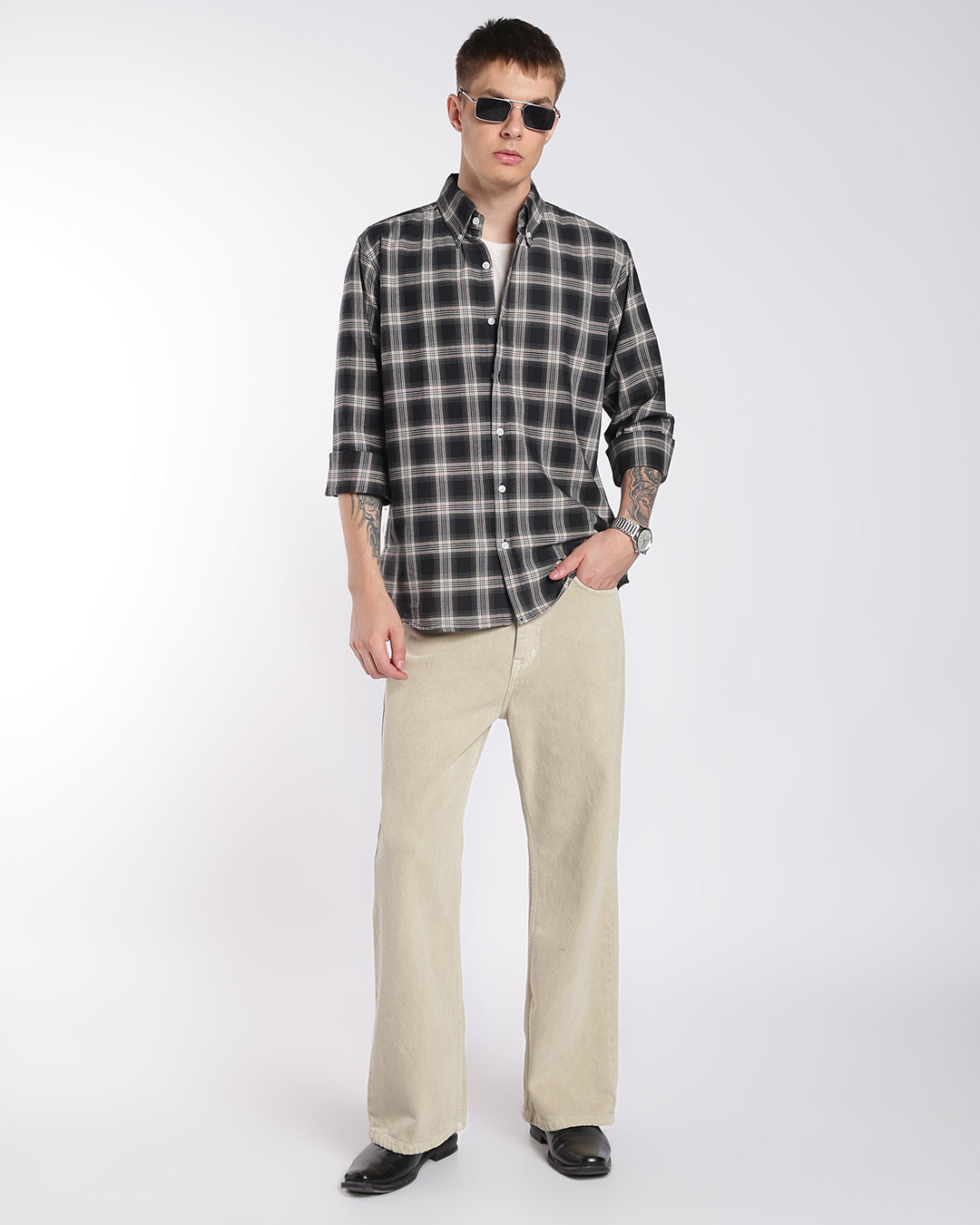 Charcoal & Cream Button-Down Plaid Regular Fit Shirt